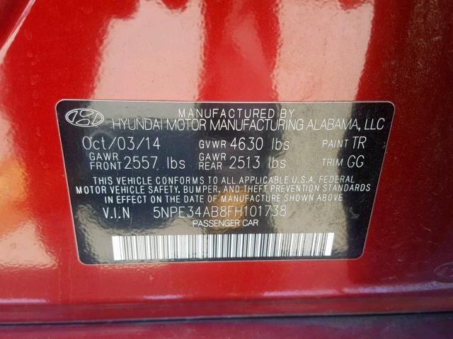 5NPE34AB8FH101738 - 2015 HYUNDAI SONATA SPO RED photo 10