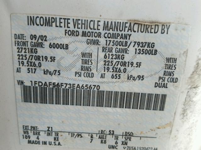 1FDAF56F73EA65670 - 2003 FORD F550 SUPER WHITE photo 10