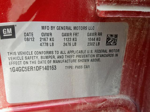 1G4GC5ER1DF140163 - 2013 BUICK LACROSSE RED photo 10