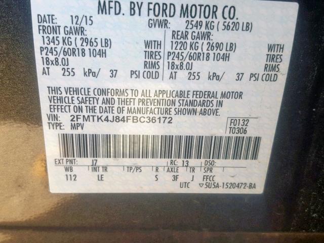 2FMTK4J84FBC36172 - 2015 FORD EDGE SEL CHARCOAL photo 10