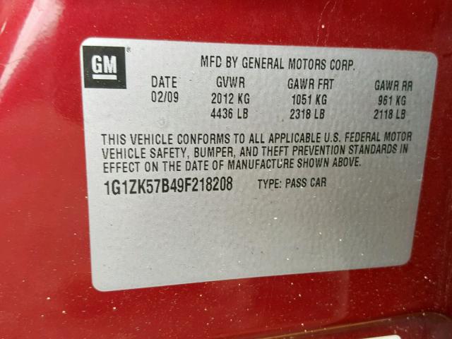 1G1ZK57B49F218208 - 2009 CHEVROLET MALIBU LTZ წითელი ფოტო 10