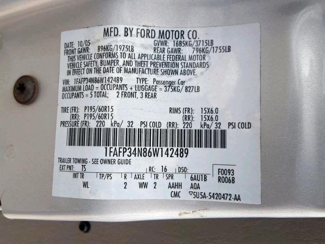 1FAFP34N86W142489 - 2006 FORD FOCUS ZX4 SILVER photo 10