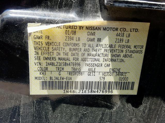 1N4BL21E58N476996 - 2008 NISSAN ALTIMA 3.5 BLACK photo 10