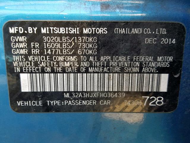 ML32A3HJXFH036439 - 2015 MITSUBISHI MIRAGE DE BLUE photo 10