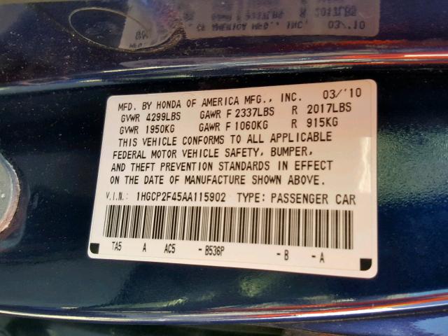 1HGCP2F45AA115902 - 2010 HONDA ACCORD LXP BLUE photo 10