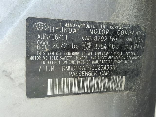 KMHDH4AE9CU274365 - 2012 HYUNDAI ELANTRA GL SILVER photo 10