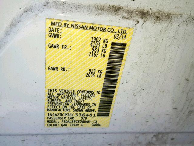 1N4AZ0CP1EC336481 - 2014 NISSAN LEAF S WHITE photo 10