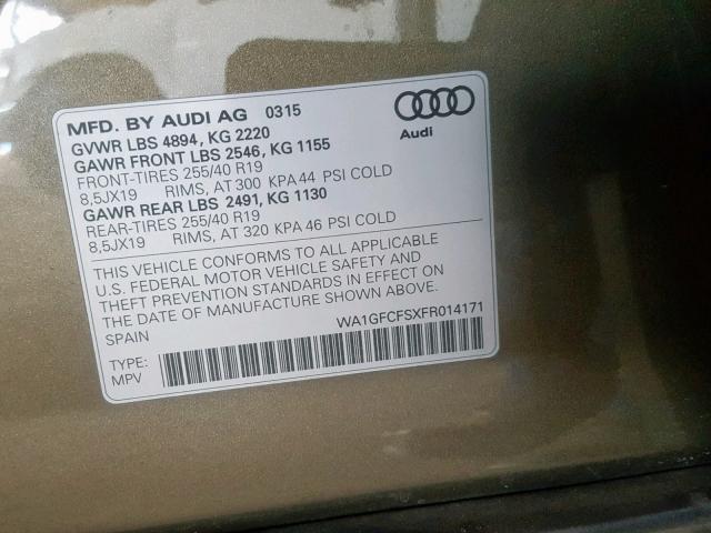 WA1GFCFSXFR014171 - 2015 AUDI Q3 PRESTIG GRAY photo 10