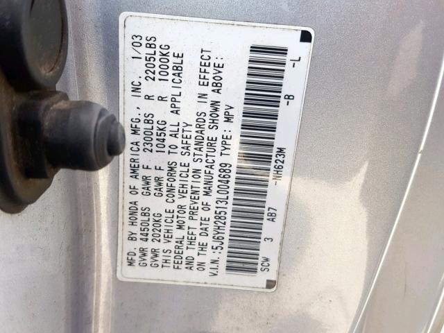 5J6YH28513L004689 - 2003 HONDA ELEMENT EX SILVER photo 10