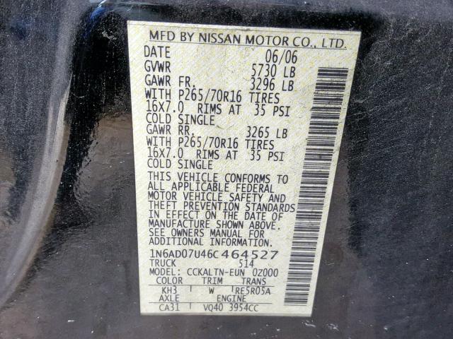 1N6AD07U46C464527 - 2006 NISSAN FRONTIER C BLACK photo 10