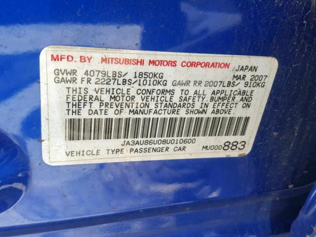 JA3AU86U08U010600 - 2008 MITSUBISHI LANCER GTS BLUE photo 10