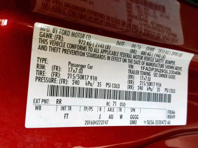 1FADP3N29GL330498 - 2016 FORD FOCUS TITA RED photo 10