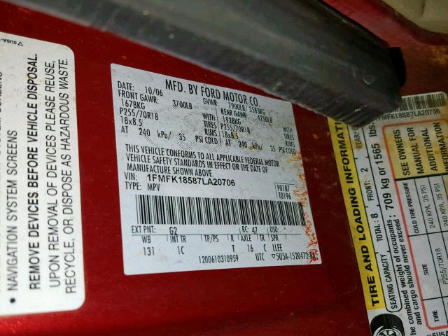 1FMFK18587LA20706 - 2007 FORD EXPEDITION RED photo 10