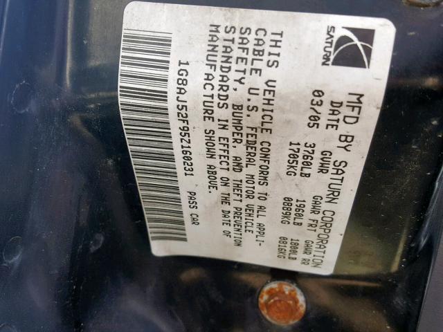 1G8AJ52F95Z160231 - 2005 SATURN ION LEVEL SILVER photo 10