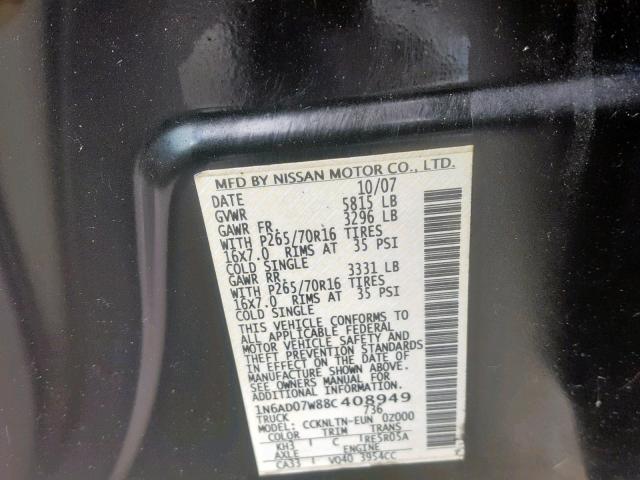 1N6AD07W88C408949 - 2008 NISSAN FRONTIER C BLACK photo 10