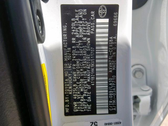 4T1B21HK1KU511707 - 2019 TOYOTA CAMRY HYBR WHITE photo 10