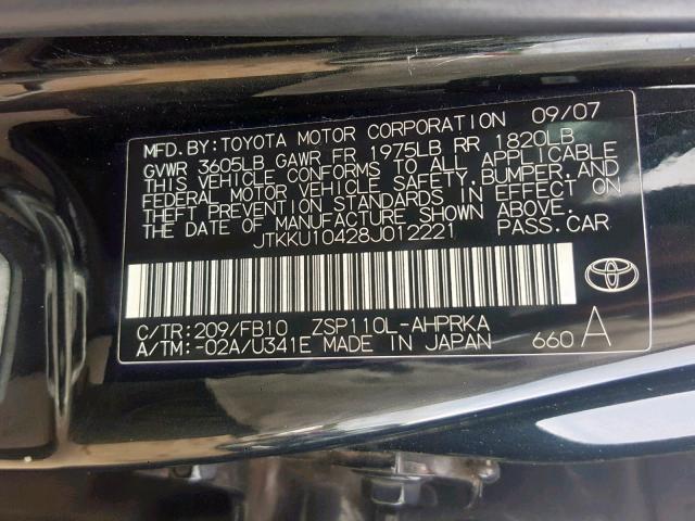 JTKKU10428J012221 - 2008 TOYOTA SCION XD BLACK photo 10