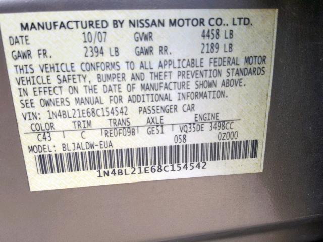 1N4BL21E68C154542 - 2008 NISSAN ALTIMA 3.5 TAN photo 10