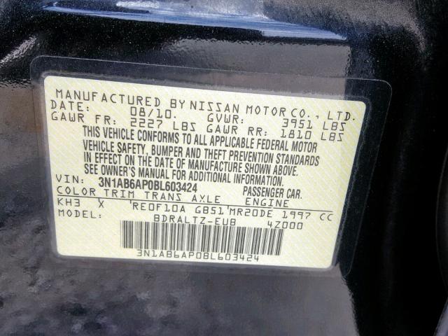 3N1AB6AP0BL603424 - 2011 NISSAN SENTRA 2.0 BLACK photo 10