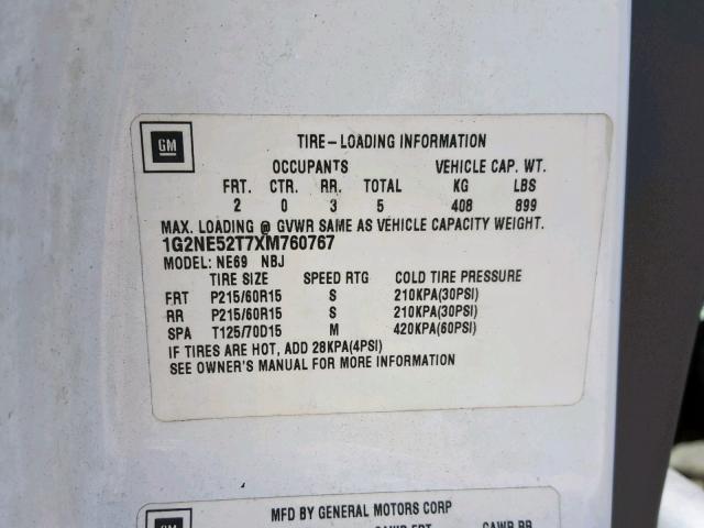 1G2NE52T7XM760767 - 1999 PONTIAC GRAND AM S WHITE photo 10