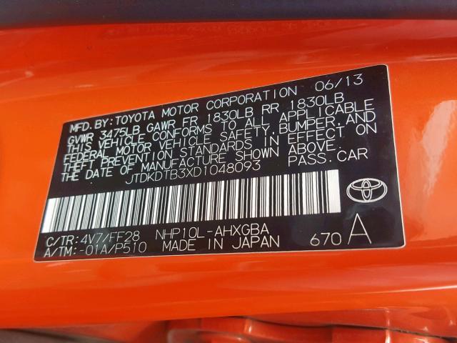 JTDKDTB3XD1048093 - 2013 TOYOTA PRIUS C ORANGE photo 10