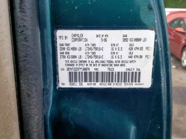 3B7KF23Z9TM180870 - 1996 DODGE RAM 2500 GREEN photo 10