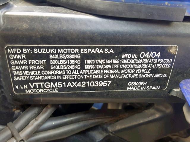 VTTGM51AX42103957 - 2004 SUZUKI GS500 FK BLUE photo 10