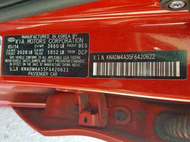 KNADM4A35F6420622 - 2015 KIA RIO LX RED photo 10