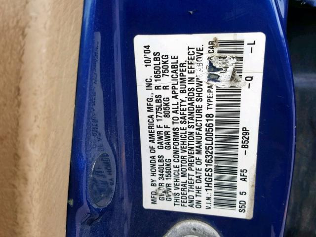 1HGES16325L005618 - 2005 HONDA CIVIC DX V BLUE photo 10