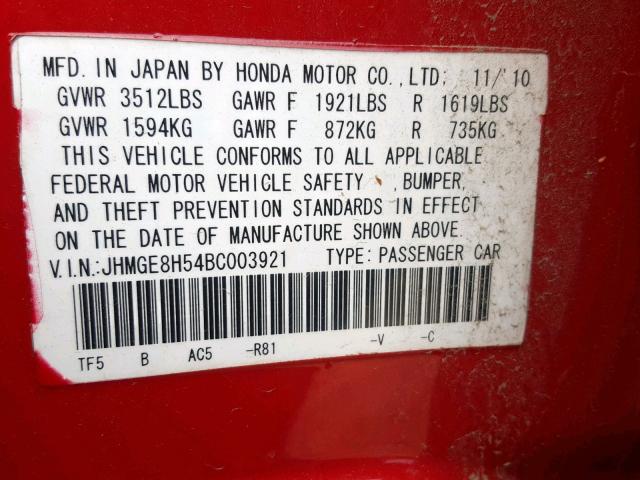 JHMGE8H54BC003921 - 2011 HONDA FIT SPORT RED photo 10