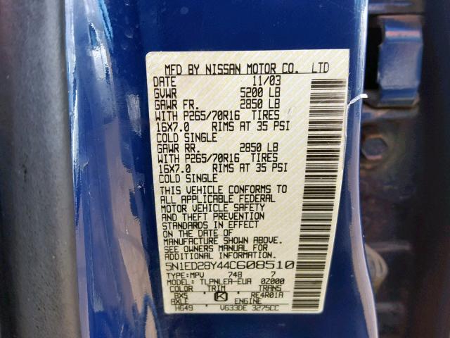 5N1ED28Y44C608510 - 2004 NISSAN XTERRA XE BLUE photo 10