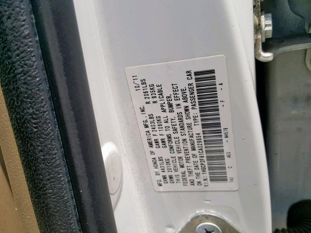 1HGCP2F81CA029654 - 2012 HONDA ACCORD EXL WHITE photo 10