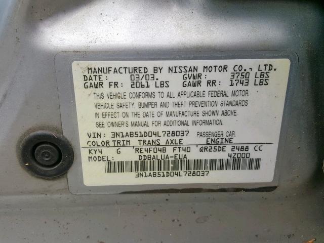 3N1AB51D04L728037 - 2004 NISSAN SENTRA SE- SILVER photo 10