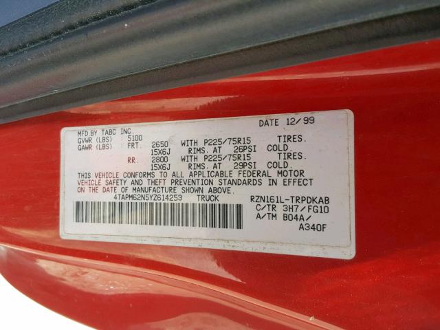 4TAPM62N5YZ614253 - 2000 TOYOTA TACOMA RED photo 10