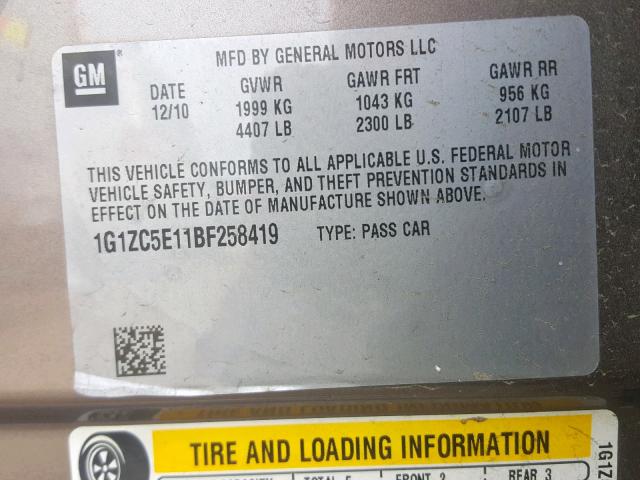 1G1ZC5E11BF258419 - 2011 CHEVROLET MALIBU 1LT BROWN photo 10