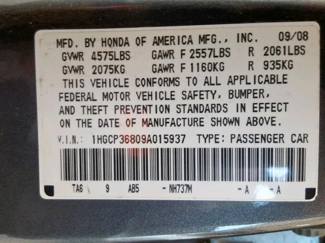 1HGCP36809A015937 - 2009 HONDA ACCORD EXL GRAY photo 10