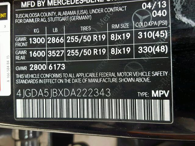 4JGDA5JBXDA222343 - 2013 MERCEDES-BENZ ML 350 BLACK photo 10