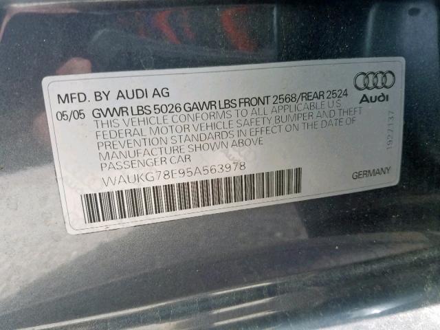 WAUKG78E95A563978 - 2005 AUDI A4 3.2 AVA GRAY photo 10