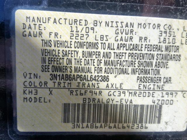 3N1AB6AP6AL642386 - 2010 NISSAN SENTRA 2.0 BLACK photo 10