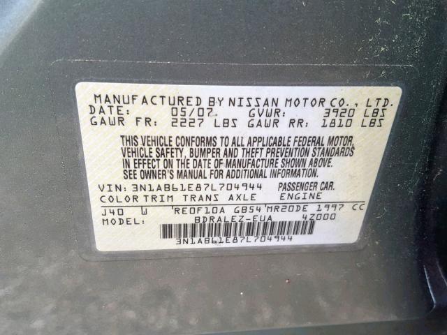 3N1AB61E87L704944 - 2007 NISSAN SENTRA 2.0 GREEN photo 10