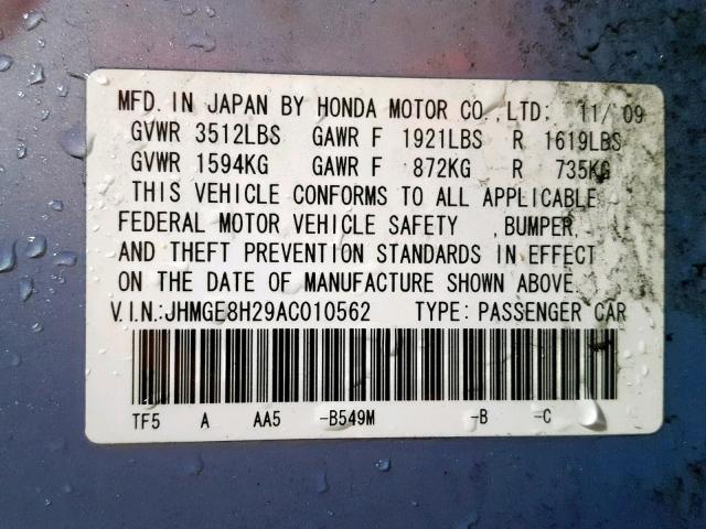 JHMGE8H29AC010562 - 2010 HONDA FIT BLUE photo 10