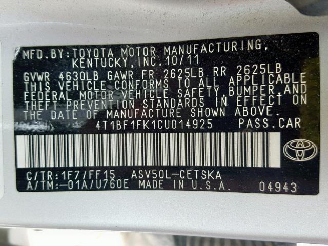 4T1BF1FK1CU014925 - 2012 TOYOTA CAMRY BASE SILVER photo 10