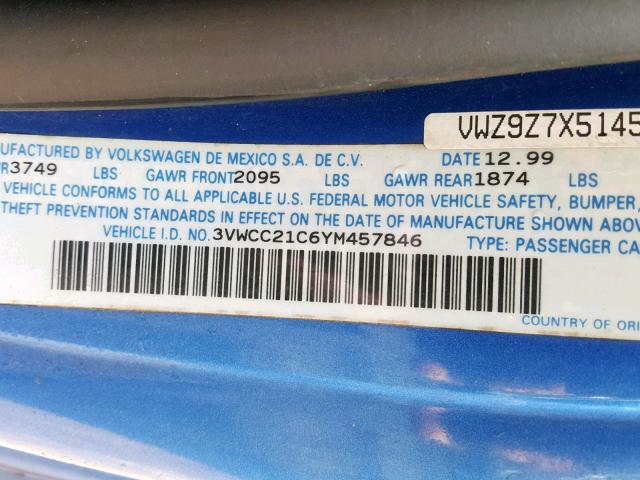 3VWCC21C6YM457846 - 2000 VOLKSWAGEN NEW BEETLE Mavi foto 10