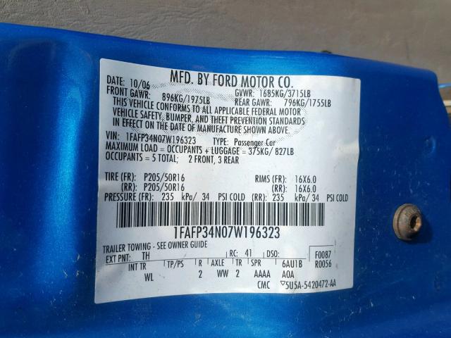 1FAFP34N07W196323 - 2007 FORD FOCUS ZX4 BLUE photo 10