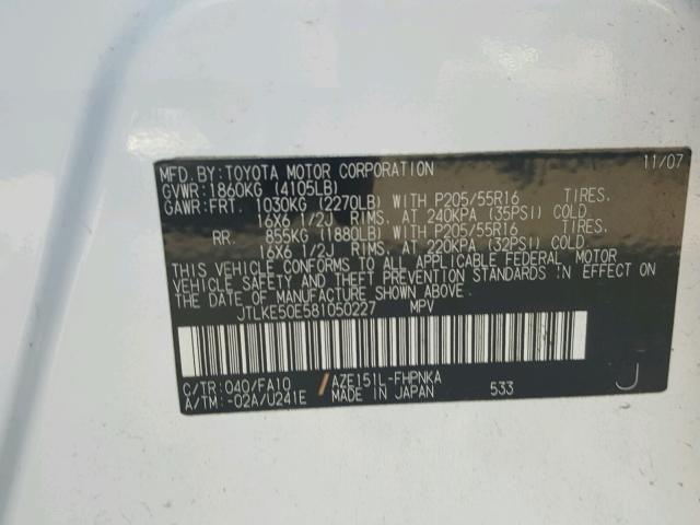 JTLKE50E581050227 - 2008 TOYOTA SCION WHITE photo 10