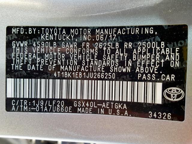4T1BK1EB1JU266250 - 2018 TOYOTA AVALON XLE SILVER photo 10