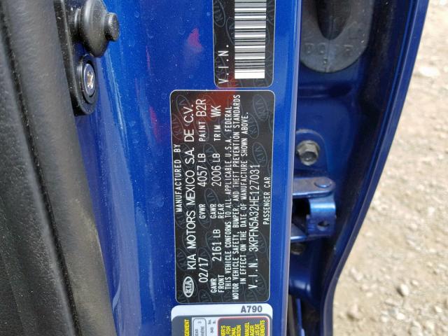 3KPFN5A32HE127031 - 2017 KIA FORTE EX BLUE photo 10