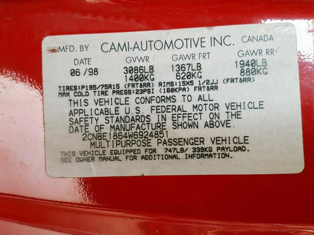 2CNBE1864W6924851 - 1998 CHEVROLET TRACKER RED photo 10