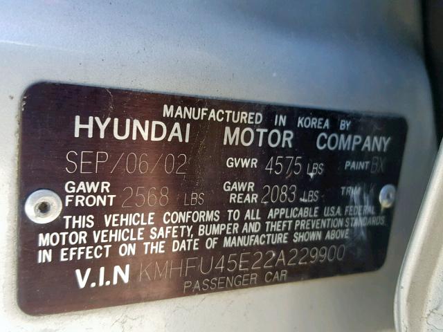 KMHFU45E22A229900 - 2002 HYUNDAI XG 350 SILVER photo 10