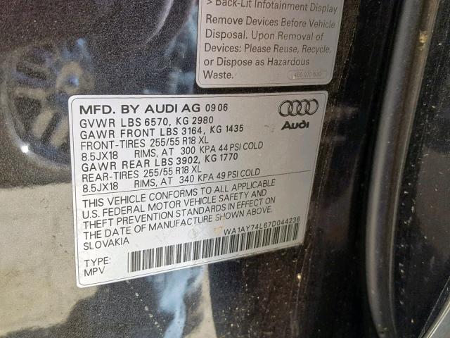 WA1AY74L67D044236 - 2007 AUDI Q7 3.6 QUA GRAY photo 10